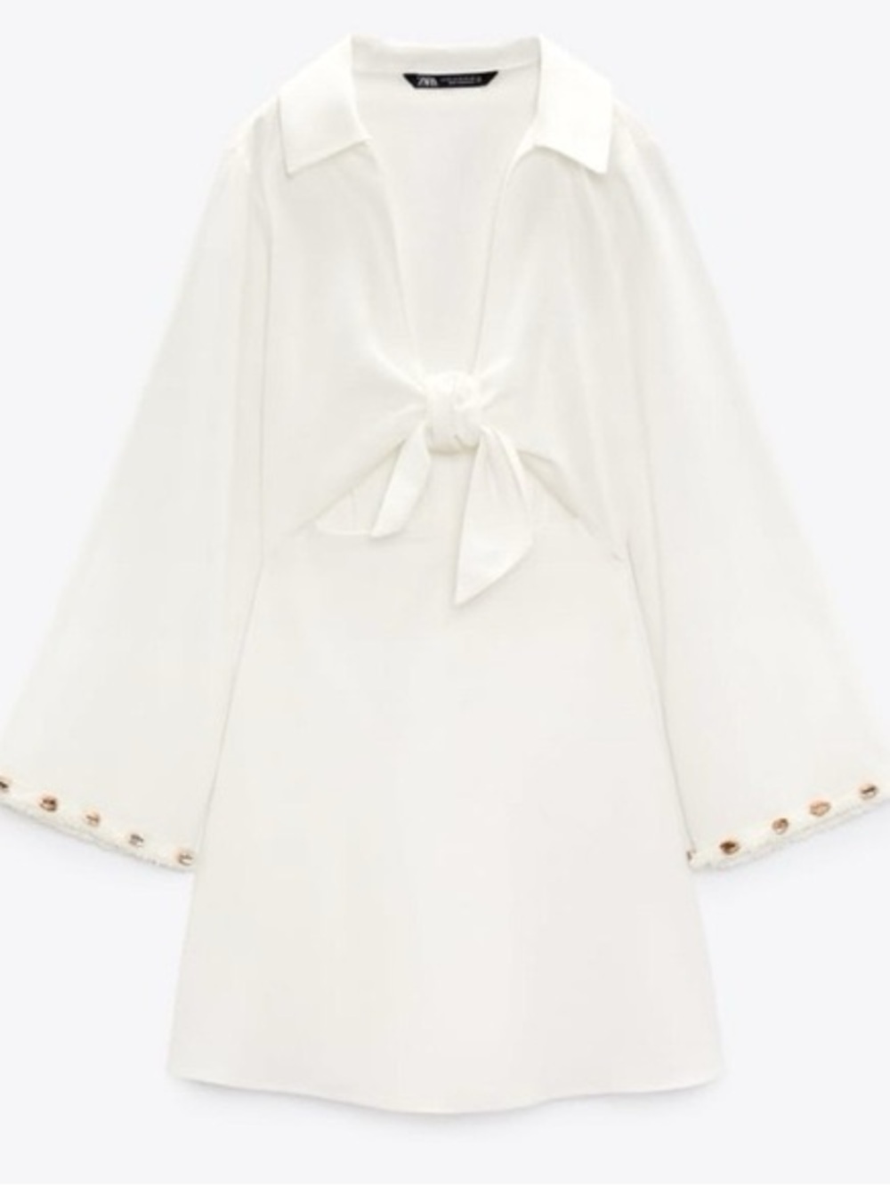 New Zara linen White Tie-Front Long-Sleeve Mini Dress with shell details